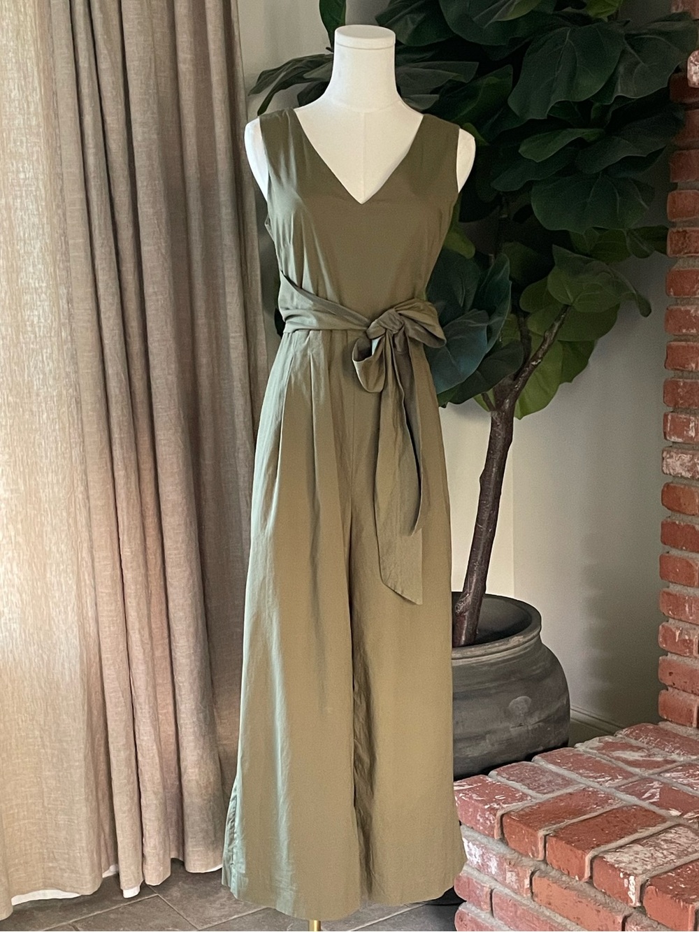 J. Crew Sleeveless Olive Green V-Neck Jumpsuit with Waist Tie